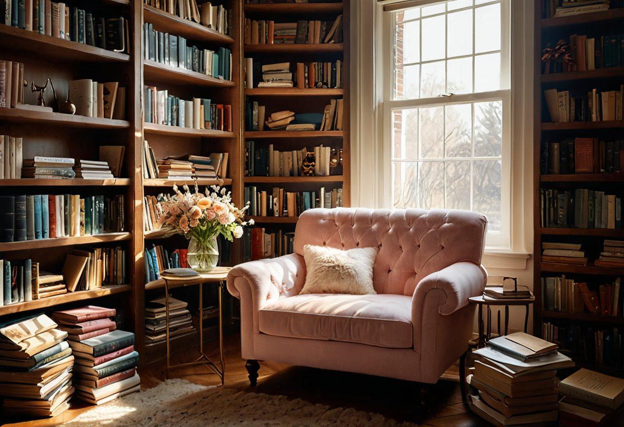 A cozy reading nook featuring an inviting armchair surrounded by stacks of diverse books, with sunlight streaming through a window illuminating a mix of novels and poetry collections. A whimsical world of literary elements like quill pens, vintage book covers, and blooming flowers peeking through the shelves creates a warm, enchanting atmosphere. Soft pastel colors enhance the serene vibe, inviting readers to dive into the treasures within the pages. 3D, vibrant colors.