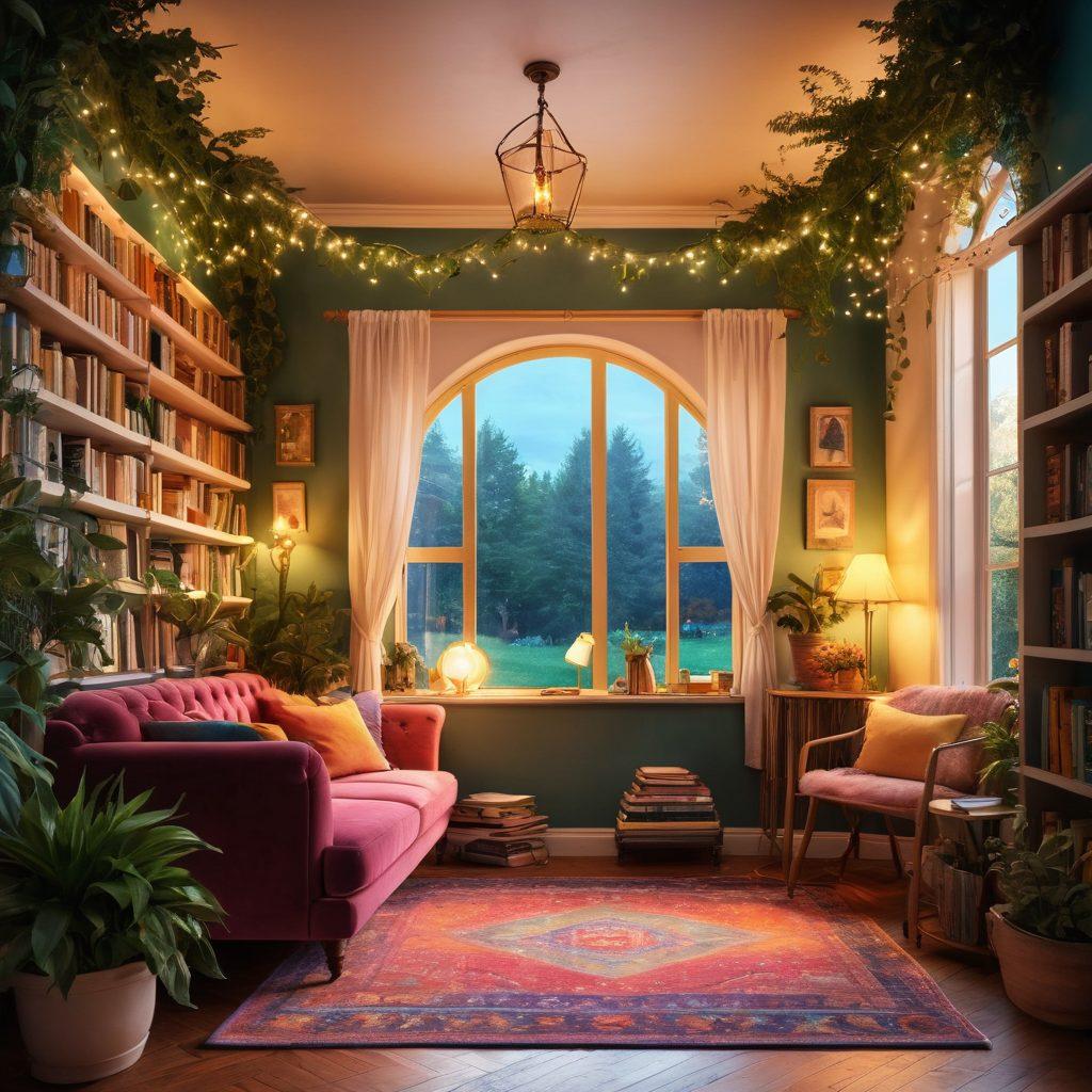 A whimsical library overflowing with books of various genres, showcasing vibrant book covers in a rainbow spectrum. An open book emits a magical glow, with illustrated characters from different stories stepping out, inviting exploration. In the background, a cozy reading nook with a cup of tea and a glowing lamp enhances the inviting atmosphere. The scene is framed by lush greenery and twinkling fairy lights. vibrant colors. storytelling theme. digital illustration.