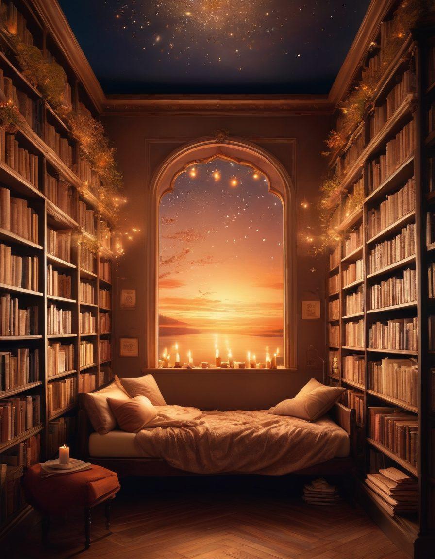 A whimsical library filled with books, where prose transforms into flowing verses that dance in the air, surrounded by enchanting illustrations of famous poets and authors. Soft, warm lighting creates a cozy atmosphere, inviting book lovers to explore. Include floating candles and a vibrant, mystical color palette. super-realistic. vibrant colors. warm ambiance.